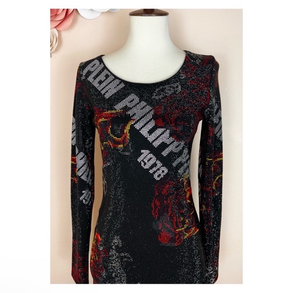 New! Rare PHILIPP PLEIN Logo Rhinestone Embellished Fire Rose Print Mini Dress - Picture 7 of 16